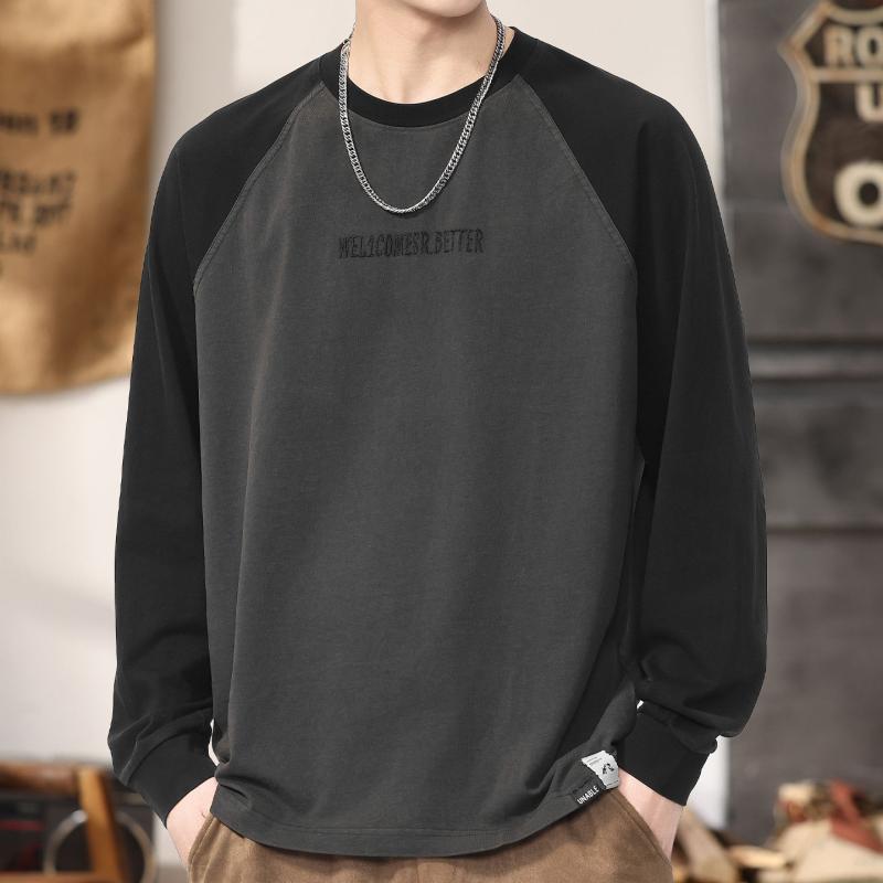 春　秋 コーデ コットン 長袖 Tシャツ メンズ ゆったり フィット 着回し自在 カラーブロック ベース シャツ ファッション ニット スウェット シャツ