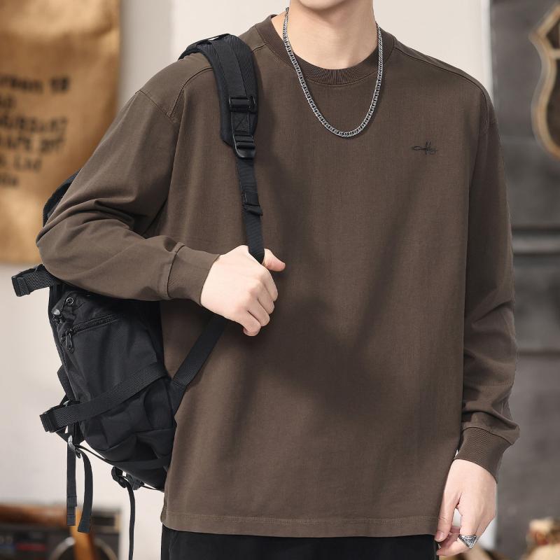 秋 レトロ ブラウン スウェット シャツ メンズ クルーネック 快適 長袖 Tシャツ スタイル ニット ベースレイヤー