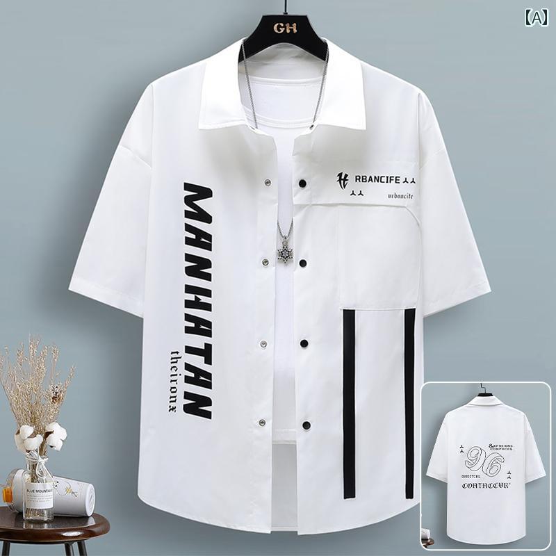 メンズ ファッション 服 男性用 オシャレ シンプル 大人 かっこいい 大きいサイズ ストリート 紳士服 半袖 シャツ 夏 冷感 クール 半袖 レター プリント ホワイト カジュアル シャツ
