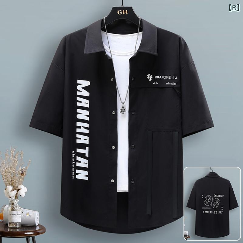 メンズ ファッション 服 男性用 オシャレ シンプル 大人 かっこいい 大きいサイズ ストリート 紳士服 半袖 シャツ 夏 冷感 クール 半袖 レター プリント ホワイト カジュアル シャツ
