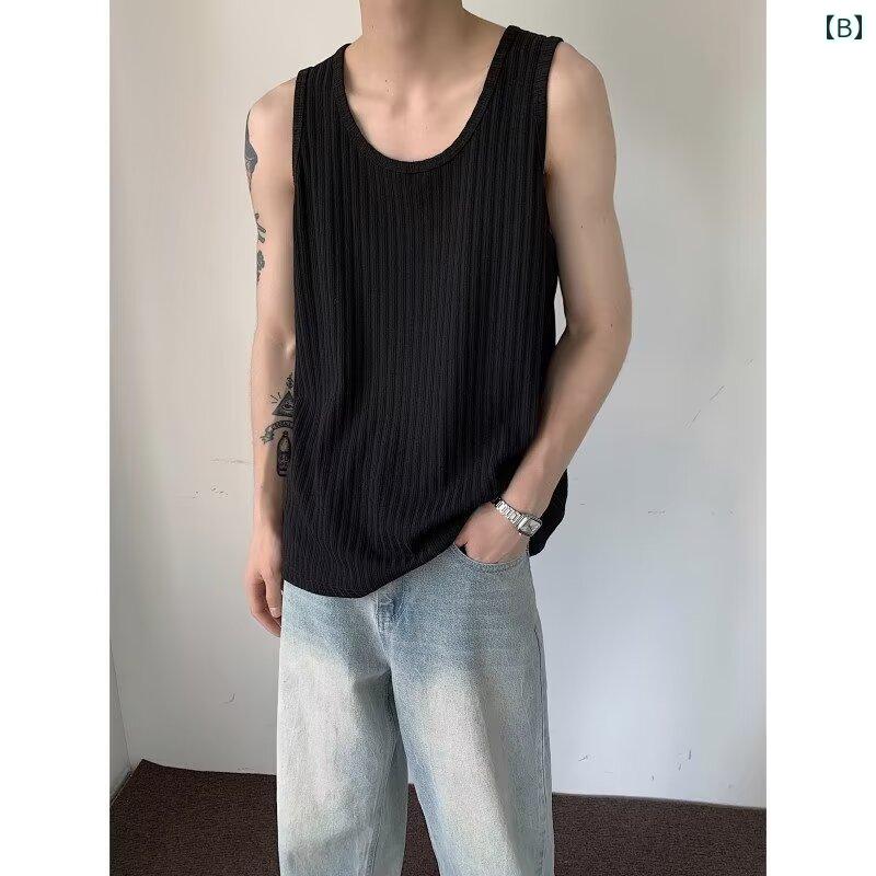 メンズ ファッション 服 男性用 オシャレ シンプル 大人 かっこいい 大きいサイズ ストリート 紳士服 シンプル 無地 ラフ ストライプ ニット ベスト 韓国 スタイル 夏 ベーシック セミ コットン アンダー シャツ ノースリーブ T シャツ