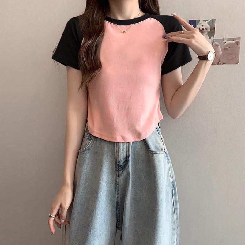 快適 レディース 服 シャツ ラグラン ショルダー 綿 カラー ブロック 半袖 トップス