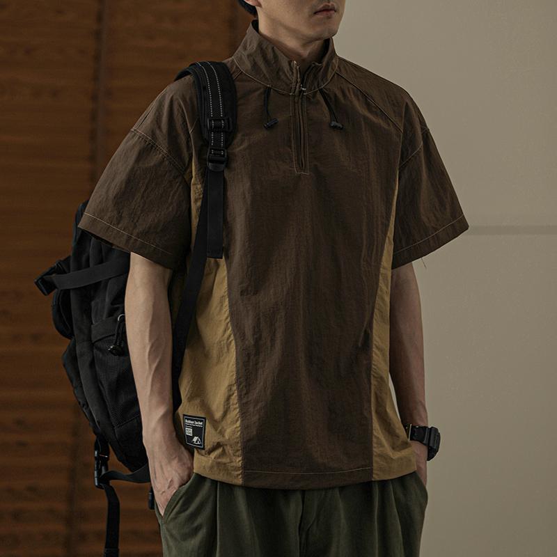 メンズ ファッション 服 男性用 オシャレ シンプル 大人 かっこいい 大きいサイズ ストリート 紳士服 夏 薄手 スタンドカラー ポロシャツ カラー ブロック 半袖 アメカジ ハーフ ジップ 冷感 速乾 T シャツ