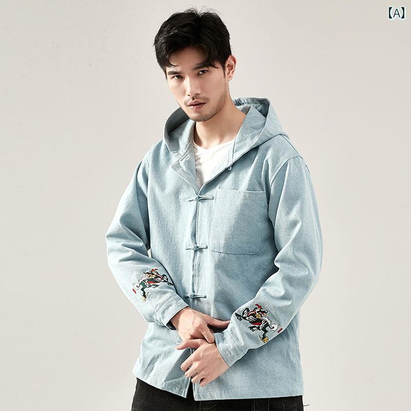 メンズ ファッション 服 男性用 オシャレ シンプル 大人 かっこいい 大きいサイズ ストリート 紳士服 ゆったり エスニック 刺繍 フード付き スウェットシャツ カンフー 唐 スーツ コート ボタン ジャケット 漢服