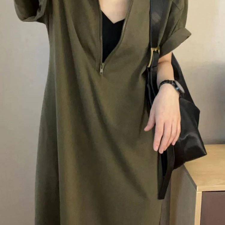 半袖 ジッパー ドレス ゆったり フィット スリミング レディース レトロ カジュアル ミディ丈 ワンピース ロング スカート