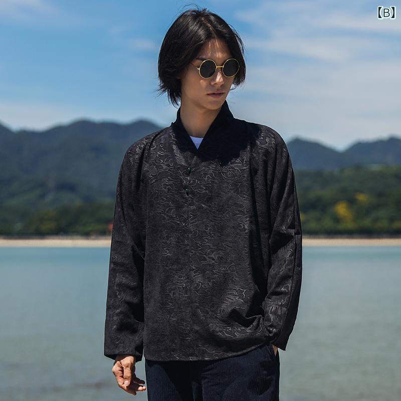 メンズ ファッション 服 男性用 オシャレ シンプル 大人 かっこいい 大きいサイズ ストリート 紳士服 唐 スーツ レトロ シャツ 長袖 薄手 スタンドカラー 山 プルオーバー シャ ツ