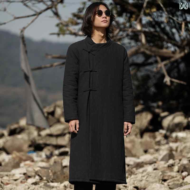 メンズ ファッション 服 男性用 オシャレ シンプル 大人 かっこいい 大きいサイズ ストリート 紳士服 ミドル丈 レトロ 唐装 リネン 綿 ジャケット プレート バックル 厚手 綿 リネン ジャケット 綿 コート