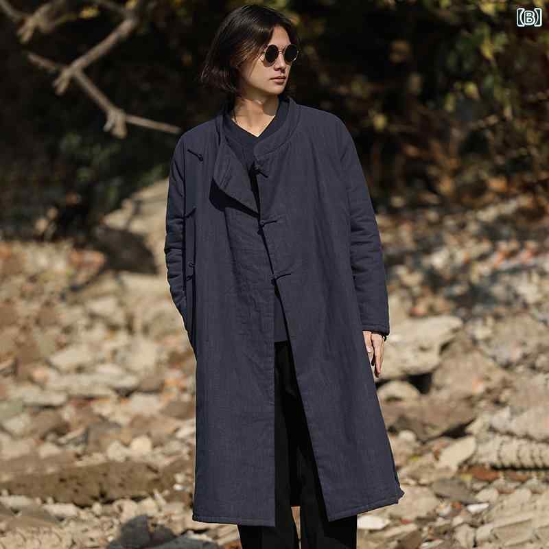 メンズ ファッション 服 男性用 オシャレ シンプル 大人 かっこいい 大きいサイズ ストリート 紳士服 ミドル丈 レトロ 唐装 リネン 綿 ジャケット プレート バックル 厚手 綿 リネン ジャケット 綿 コート