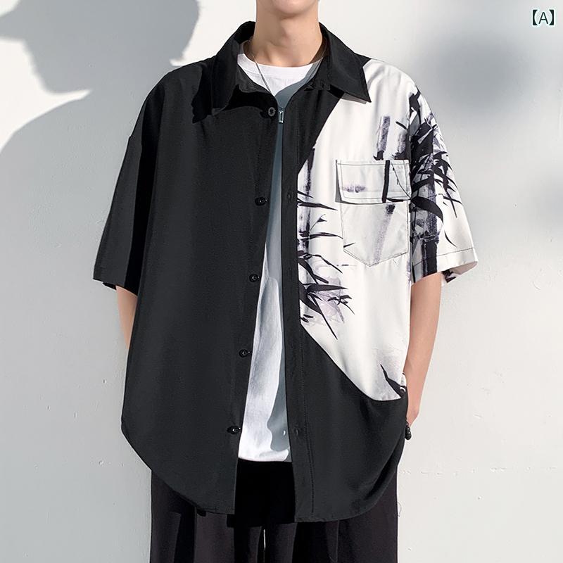 メンズ ファッション 服 男性用 オシャレ シンプル 大人 かっこいい 大きいサイズ ストリート 紳士服 夏 水墨画 冷感 ドレープ 半袖 シャツ