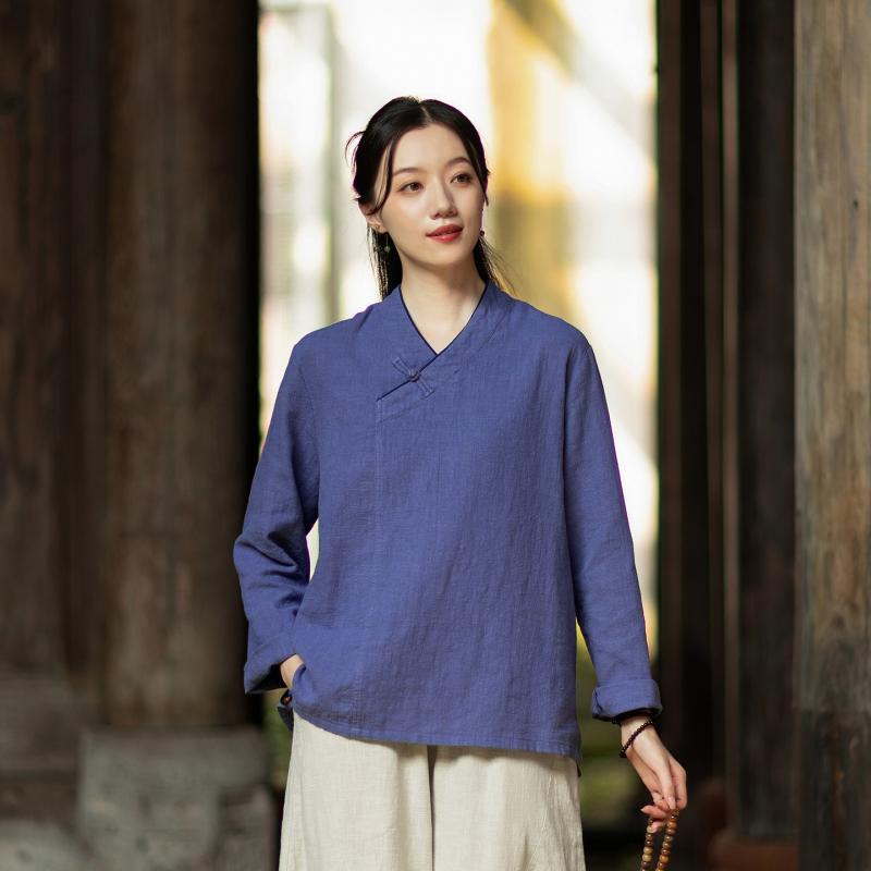 乐天商城 - レディース 綿　麻 シャツ レトロ 長袖 ラミー 茶師服 太極拳 ユニフォーム トップス