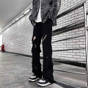 メンズ ファッション 服 男性用 オシャレ シンプル 大人 かっこいい 大きいサイズ ストリート 紳士服 アメリカン レトロ リップド マイクロ フレア ブラック ジーンズ ストリート ストレート スリミング パンツ