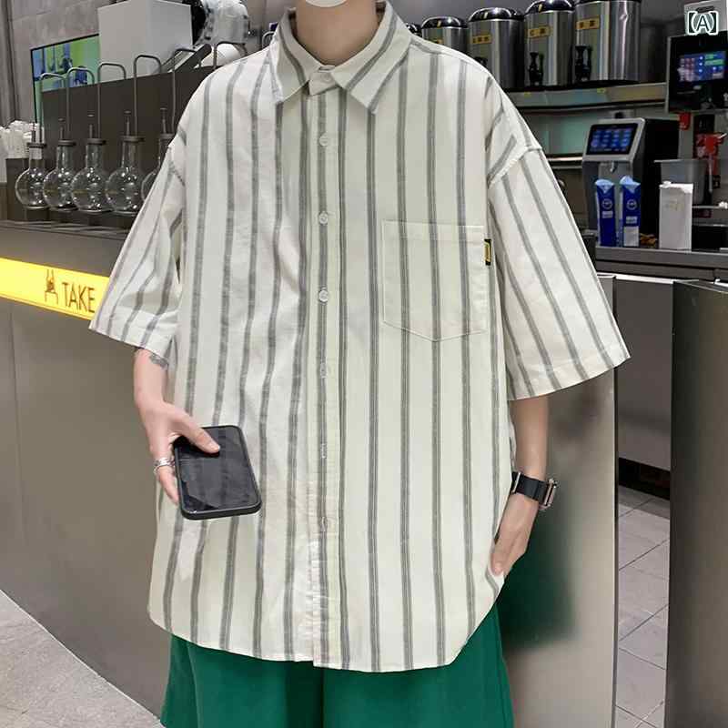 メンズ ファッション 服 男性用 オシャレ シンプル 大人 かっこいい 大きいサイズ ストリート 紳士服 レトロ ストライプ 半袖 シャツ 夏 スタイル カジュアル カップル 着 シャツ ジャケット
