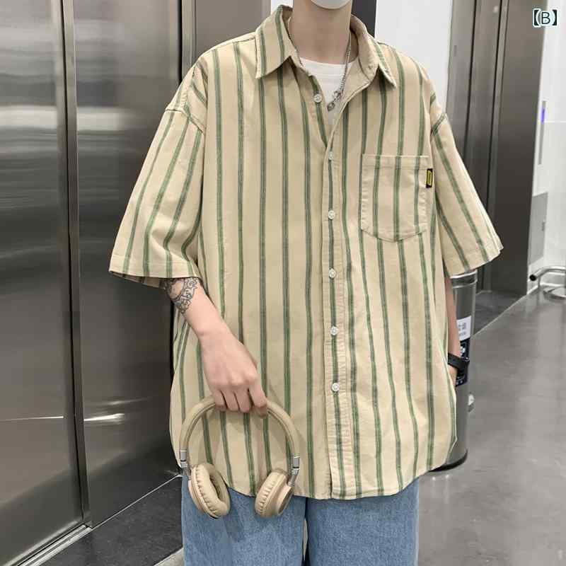 メンズ ファッション 服 男性用 オシャレ シンプル 大人 かっこいい 大きいサイズ ストリート 紳士服 レトロ ストライプ 半袖 シャツ 夏 スタイル カジュアル カップル 着 シャツ ジャケット