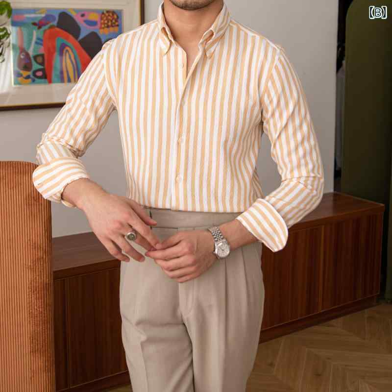 メンズ ファッション 服 男性用 オシャレ シンプル 大人 かっこいい 大きいサイズ ストリート 紳士服 ソフト アイロン不要 通気性 ストライプ ビッグ カラー シャツ スリム 夏 薄手 長袖 シャツ