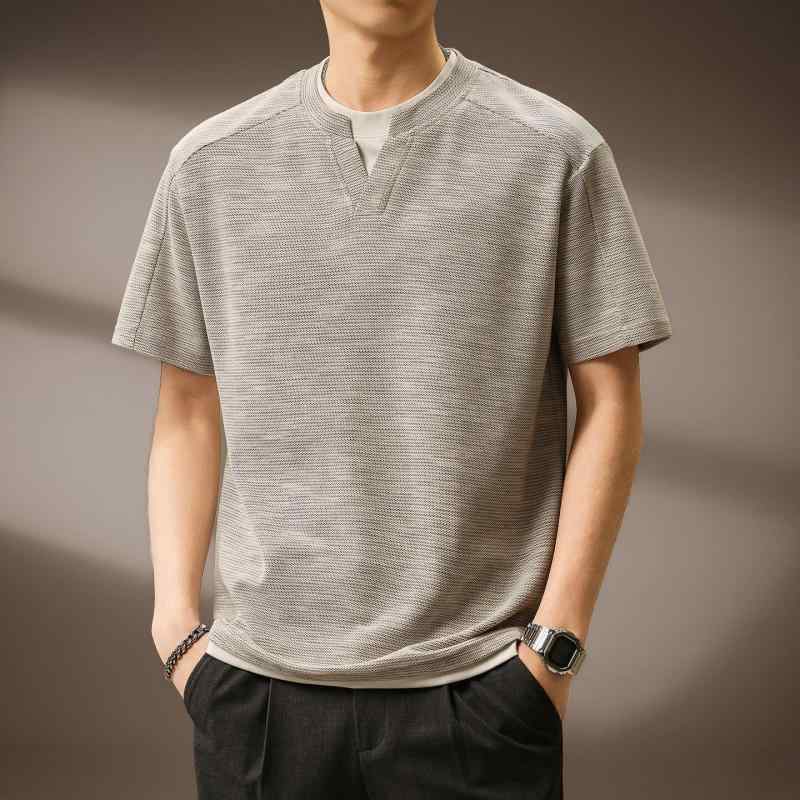 二重織り フェイクツーピース Vネック Tシャツ 夏 アメリカン カラーブロッキング ゆったり ヴィンテージ メンズ トップス