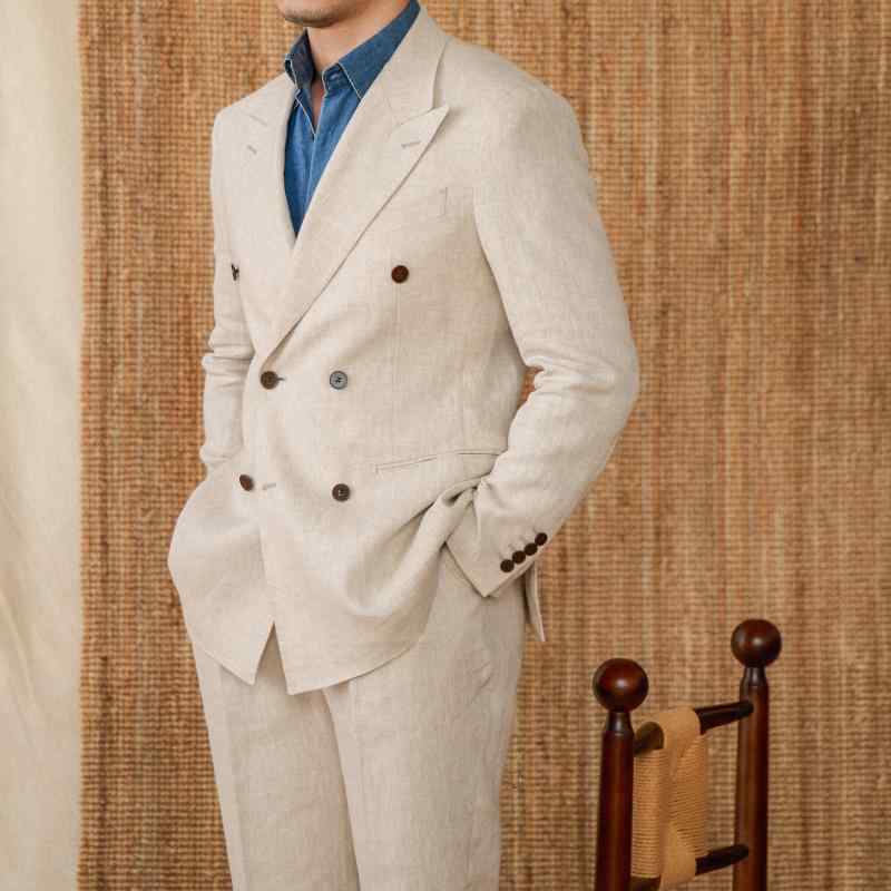 メンズ ファッション 服 オシャレ シンプル 大人 かっこいい 大きいサイズ ストリート 紳士服 リネン ダブルブレスト カジュアル スーツ 薄手 単品 ジャケット ノッチドラペル カジュアル ジャケット(4)