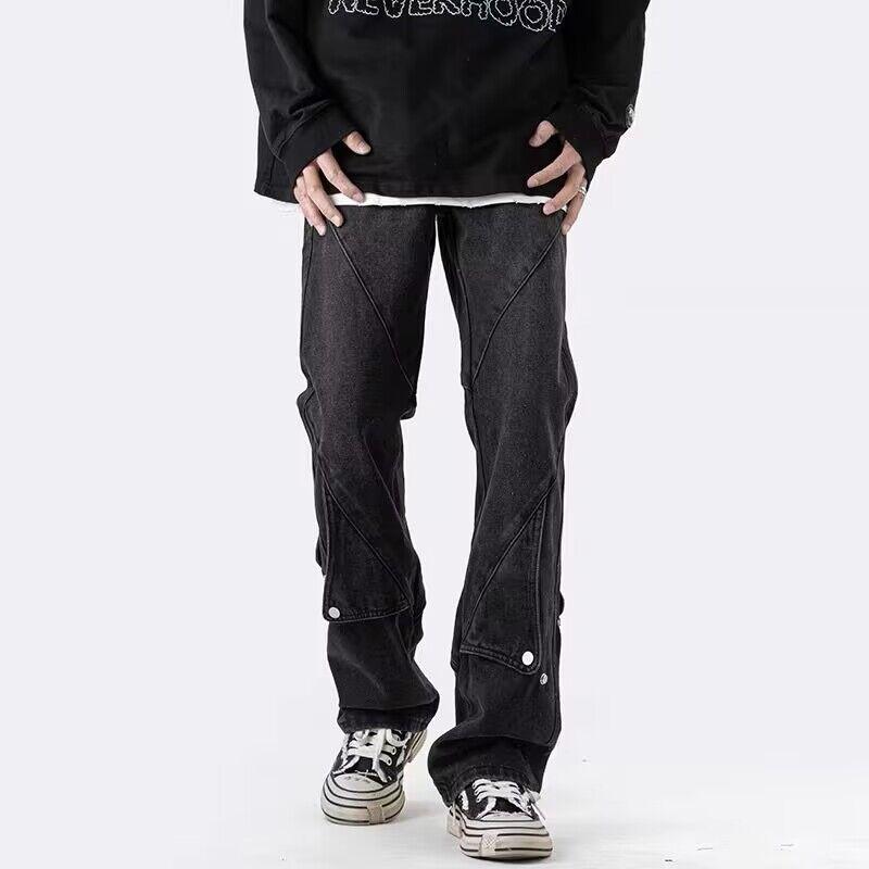 メンズ ファッション 服 男性用 オシャレ シンプル 大人 かっこいい 大きいサイズ ストリート 紳士服 レトロ ブルー ジーンズ アメリカン ストリート パンツ ボタン デ コンストラクト ストレート レッグ ブーツ カット パンツ