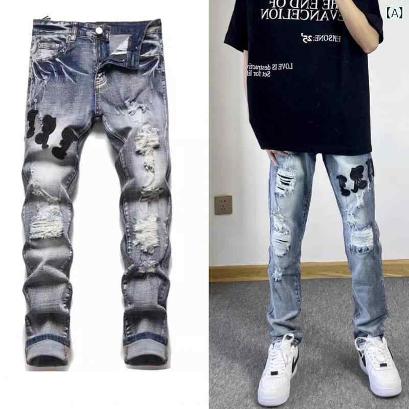 メンズ ファッション 服 男性用 オシャレ シンプル 大人 かっこいい 大きいサイズ ストリート 紳士服 ストリートラベル 刺繍 リッピング エア ジーンズ フィット スタイル クロップド パンツ