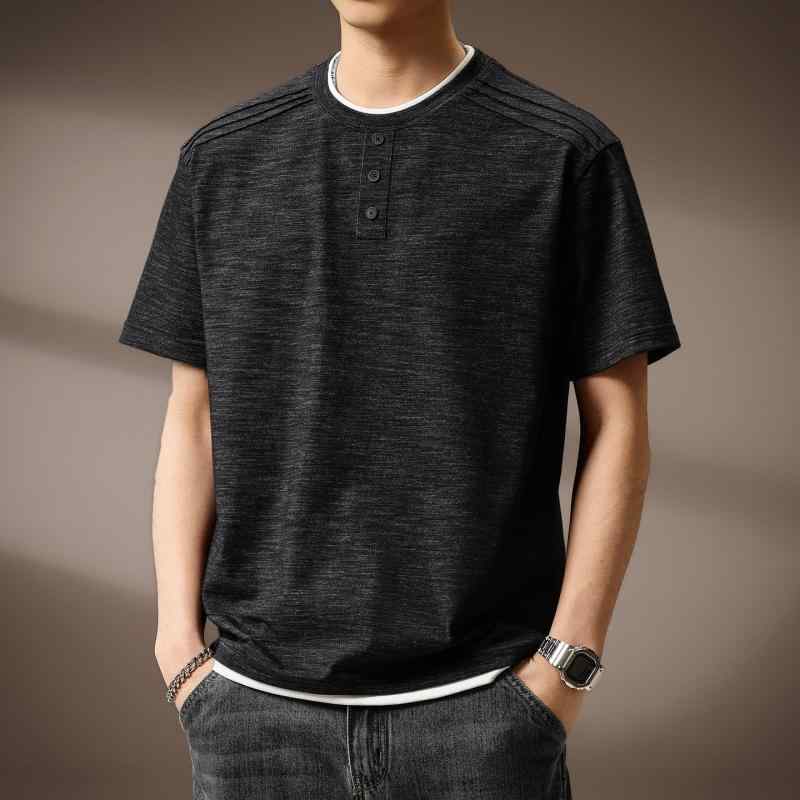 アメリカン フェイクツーピース テクスチャード 半袖 Tシャツ メンズ 夏 ゆったり シンプル ヘンリーカラー カジュアル トップス