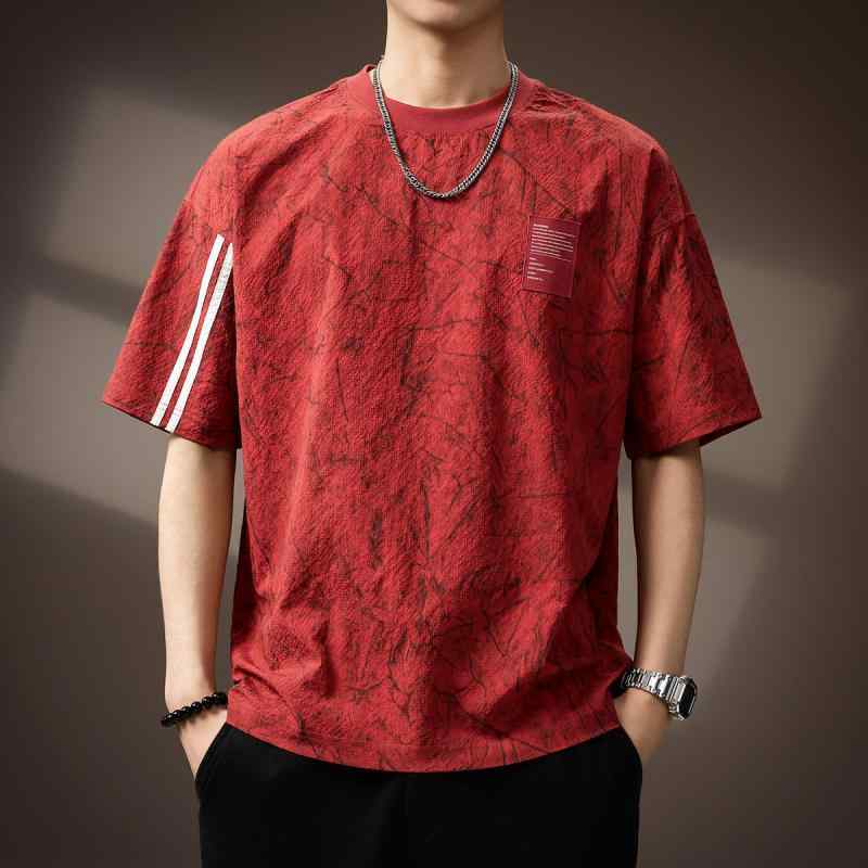 T-Shirts - 冷感 クール ストライプ 半袖 Tシャツ メンズ 薄手 ゆったり ラウンドネック バブル五本袖 Tシャツ メンズ