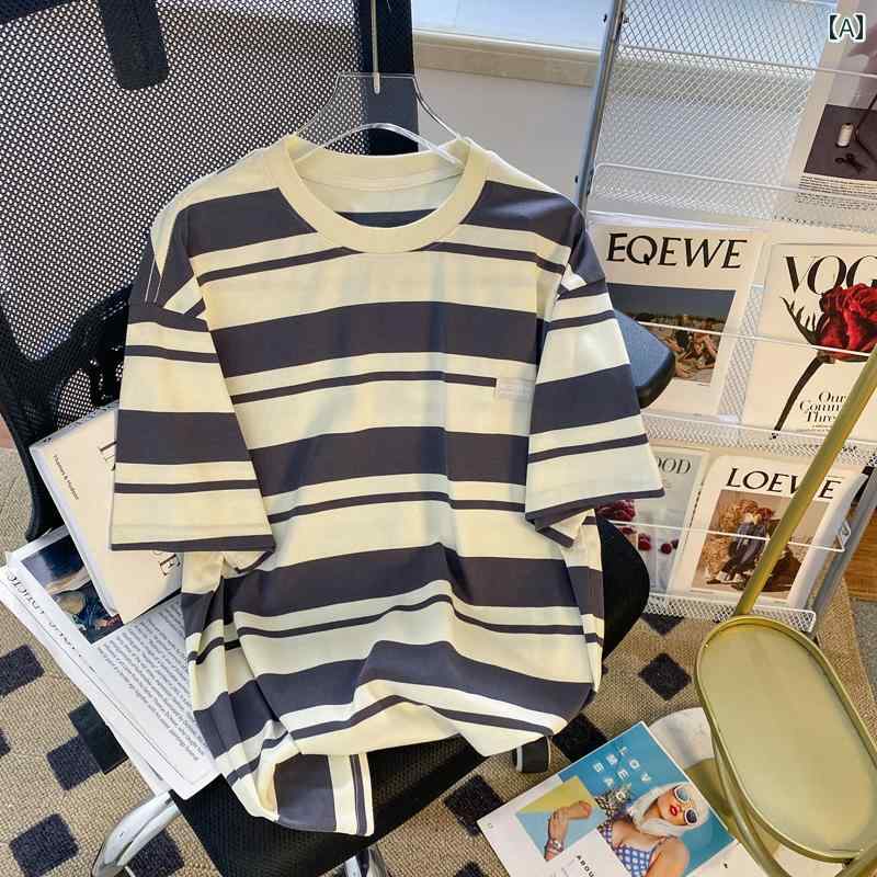 メンズ ファッション 服 男性用 オシャレ シンプル 大人 かっこいい 大きいサイズ ストリート 紳士服 ストライプ T シャツ 夏 ラウンドネック カジュアル スタイル カップル 半袖 T シャツ