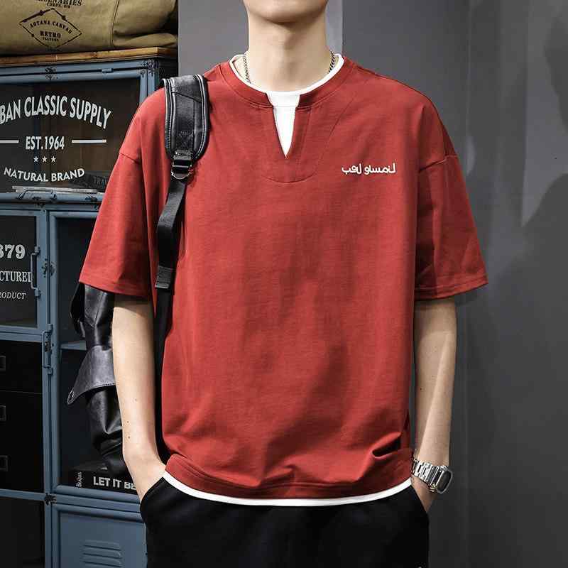 夏 フェイクツーピース 綿 半袖 Tシャツ メンズ アメリカン カジュアル 大きいサイズ 薄手 Tシャツ