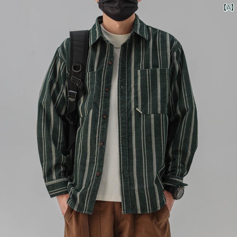 メンズ ファッション 服 男性用 オシャレ シンプル 大人 かっこいい 大きいサイズ ストリート 紳士服 レトロ ストライプシャツ コーデュロイ コントラスト シャツ カジュアル ジャケット
