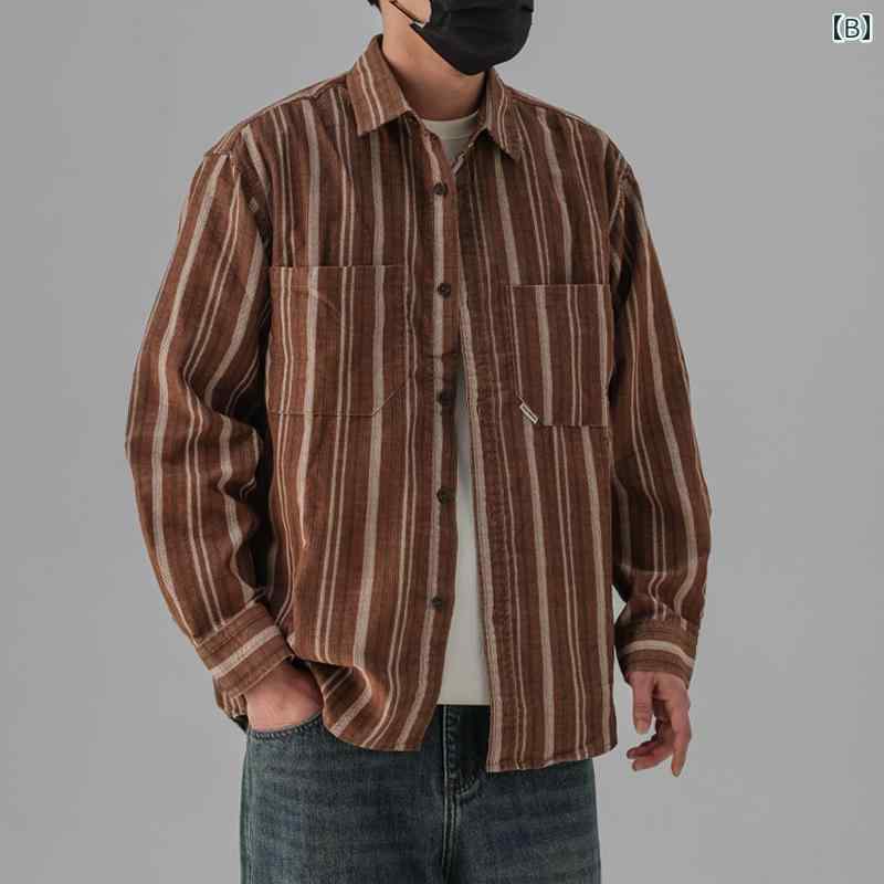 メンズ ファッション 服 男性用 オシャレ シンプル 大人 かっこいい 大きいサイズ ストリート 紳士服 レトロ ストライプシャツ コーデュロイ コントラスト シャツ カジュアル ジャケット