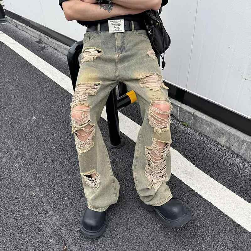 メンズ ファッション 服 男性用 オシャレ シンプル 大人 かっこいい 大きいサイズ ストリート 紳士服 夏 ストリート リップド ジーンズ レトロ ドレープ ブーツ カット パンツ 薄手 ワイド レッグ ベガー パンツ