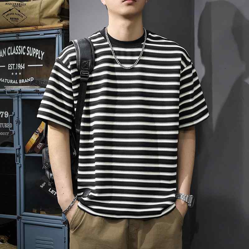 乐天商城 - 夏 ストライプ メンズ 半袖 Tシャツ アメリカン ゆったり フィット カジュアル クルーネック ハーフ スリーブ Tシャツ