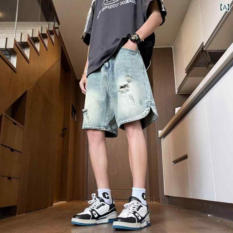 メンズ ファッション 服 男性用 オシャレ シンプル 大人 かっこいい 大きいサイズ ストリート 紳士服 アメリカン カラー デニムショートパンツ 夏 薄手 リップ ハーフ パンツ ストリート レトロ スリット ミッド パンツ
