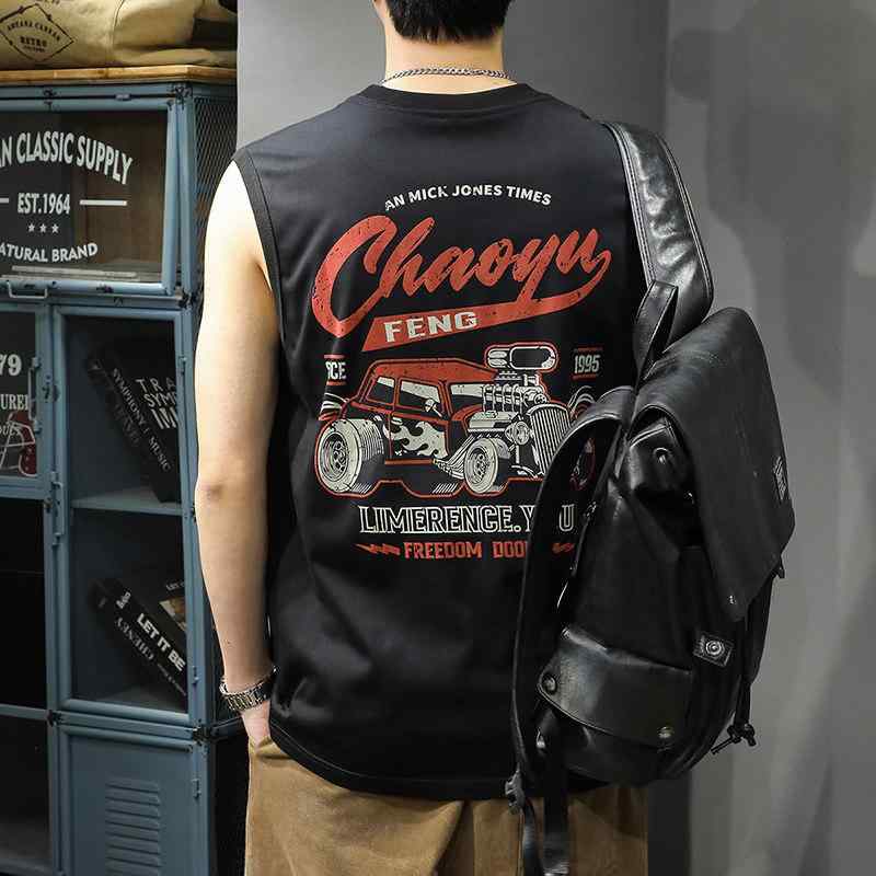 アメリカン レトロ 綿 ノースリーブ Tシャツ メンズ 薄手 フィットネス トレーニング 筋トレ スポーツ ベスト プリント 半袖