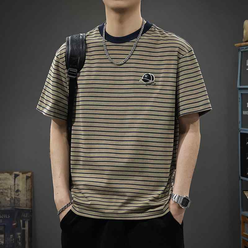 Rakuten - アメリカン レトロ ダメージ加工 ストライプ 半袖 Tシャツ メンズ 夏 スタイル ゆったり フィット ラウンドネック ハーフ スリーブ シャツ