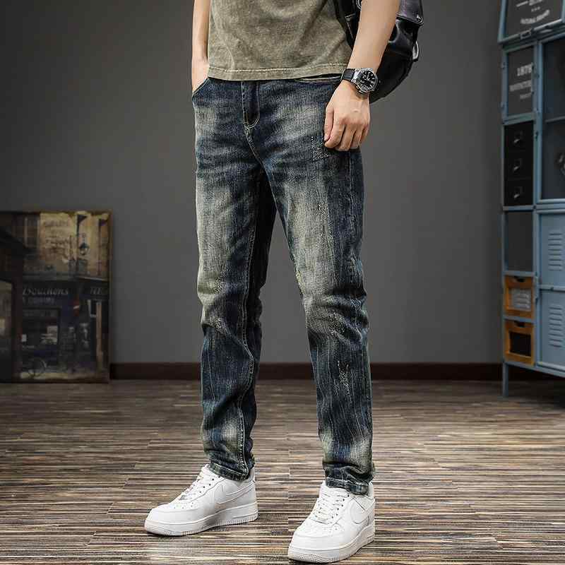 Rakuten - アメリカン クラシック レトロ イエロー 染めダメージ ジーンズ メンズ 春　秋 スリム フィット ストレート レッグ パンツ クール スタイリッシュ スキニー ジーンズ