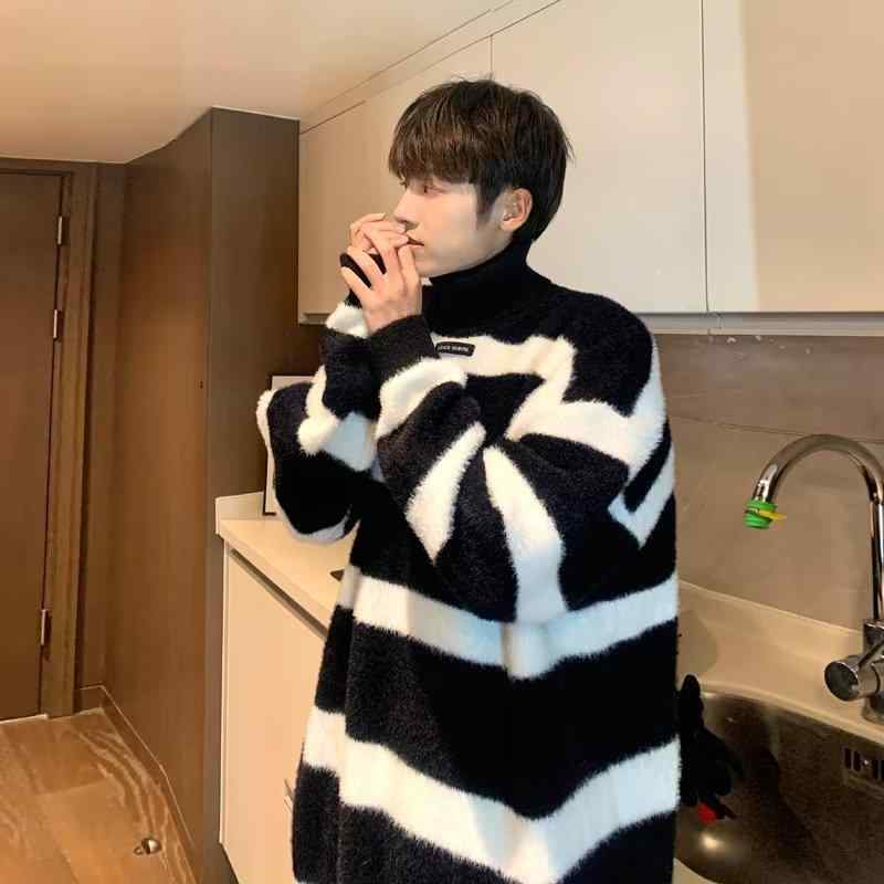 メンズ ファッション 服 男性用 オシャレ シンプル 大人 かっこいい 大きいサイズ ストリート 紳士服 タートルネックセーター 厚手 ストライプ セーター カップル プルオーバー ジャケット