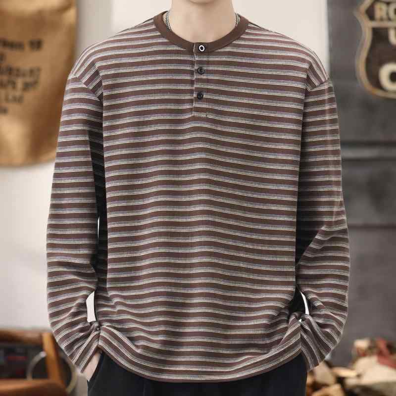 ブラウン ストライプ カジュアル 長袖 メンズ Tシャツ ゆったり フィット スポーティー スウェット シャツ ベースレイヤー 春　秋 スタイル