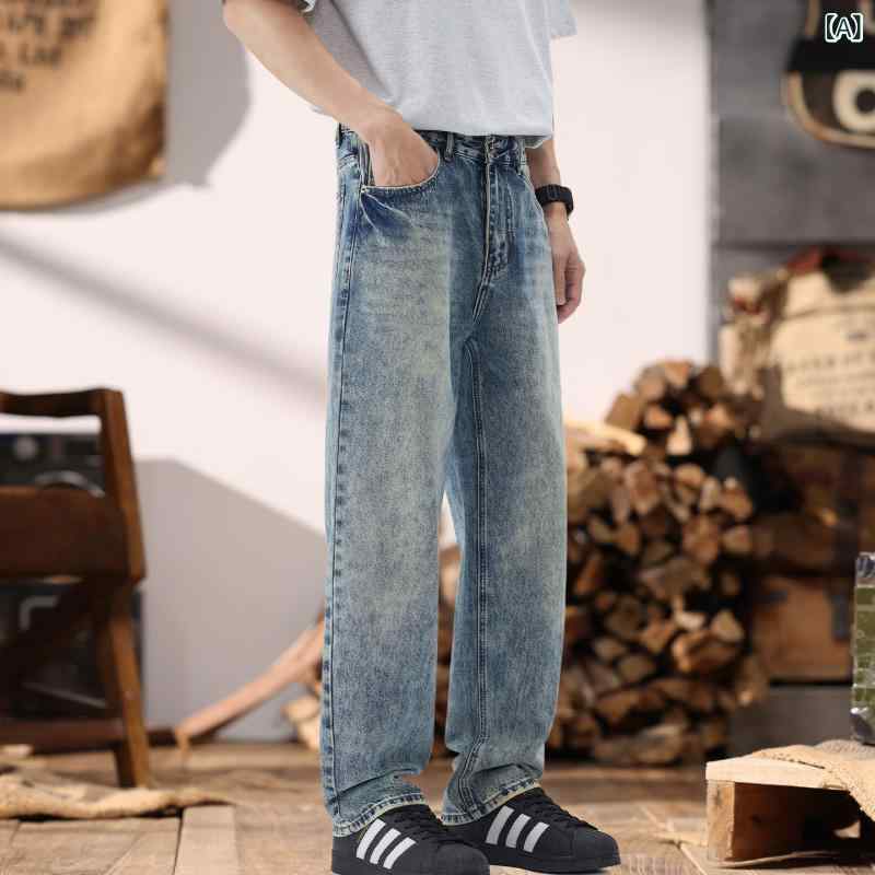 乐天商城 - クラシック メンズ ジーンズ ゆったり シルエット ストレート レッグ ウォッシュ加工 ダメージ加工 スタイリッシュ カジュアル パンツ