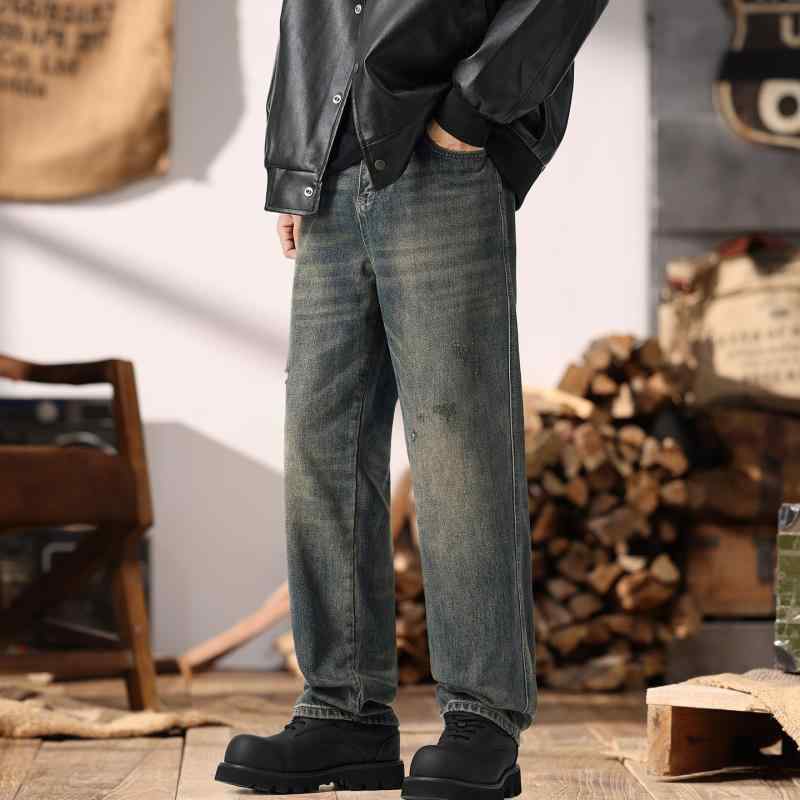 其它 - 秋 レトロ ダメージ ジーンズ メンズ フィット 大きいサイズ ワイドレッグ ストレート レッグ カジュアル パンツ