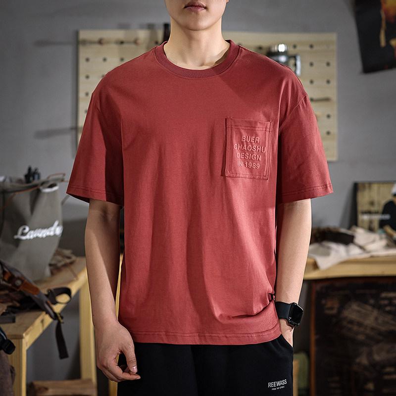夏 レッド メンズ 半袖 Tシャツ ポケット スタイル カジュアル コットン Tシャツ