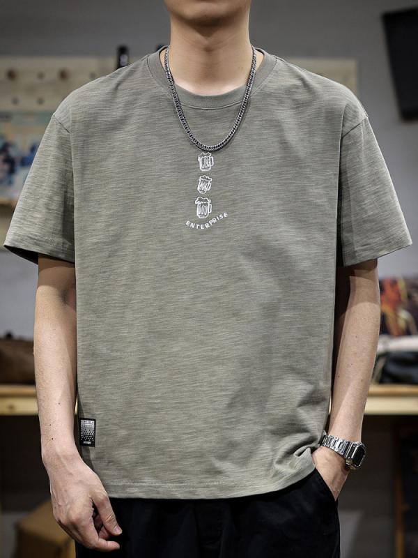 アメリカン カジュアル 綿 素材 メンズ 半袖 Tシャツ 夏 スタイル ラウンドネック プリント 七分袖