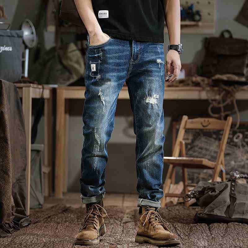 アメリカン レトロ ウォッシュ加工 ダメージ加工 メンズ ジーンズ 春 スリム フィット クール スタイリッシュ スキニー ジーンズ