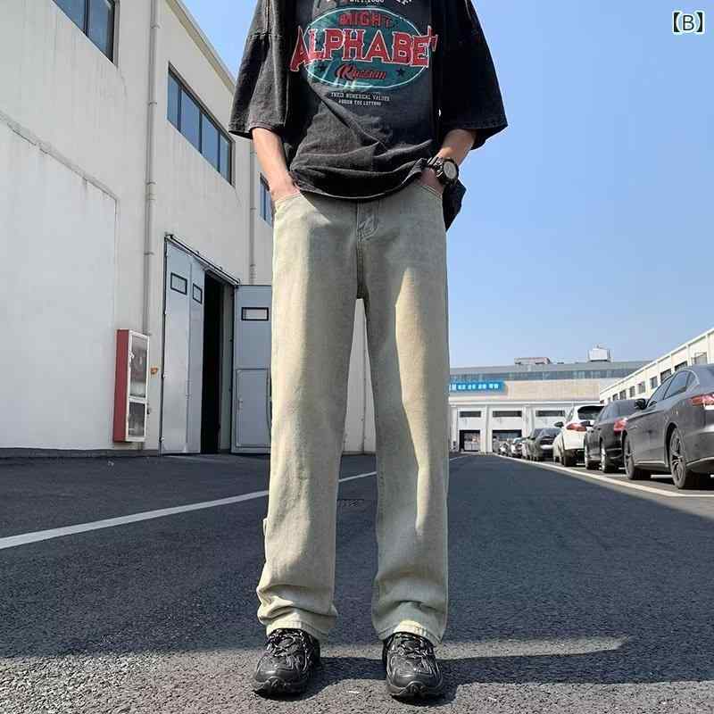 メンズ ファッション 服 男性用 オシャレ シンプル 大人 かっこいい 大きいサイズ ストリート 紳士服 アメリカン ストリート イエロー マッド レトロ ジーンズ パンツ ボタン ジッパー スリム ストレート パンツ