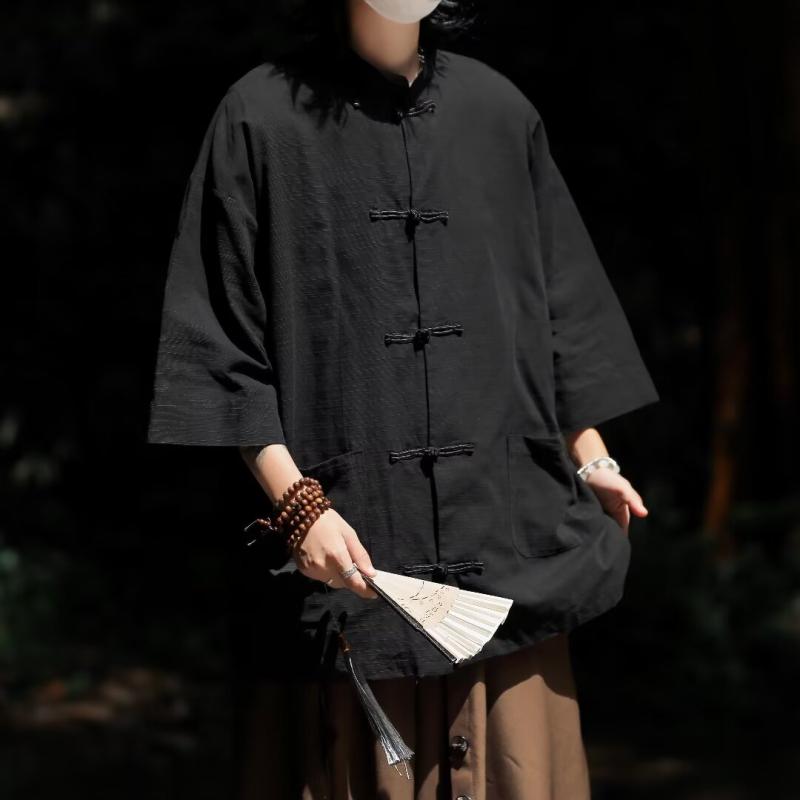 メンズ ファッション 服 男性用 オシャレ シンプル 大人 かっこいい 大きいサイズ ストリート 紳士服 レトロ 黒 唐 リネン 半袖 シャツ スタンドカラー チュニック ジャケット