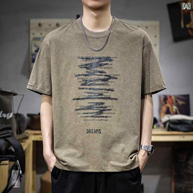 夏 プリント 半袖 Tシャツ メンズ アメリカン レトロ クルーネック ゆったり カジュアル ハーフ スリーブ Tシャツ