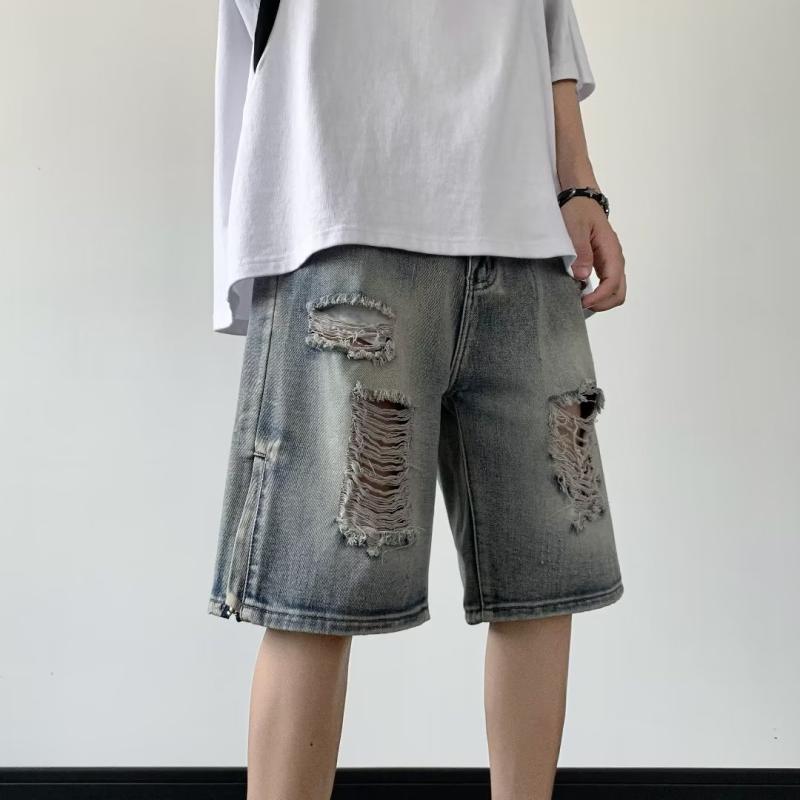 メンズ ファッション 服 男性用 オシャレ シンプル 大人 かっこいい 大きいサイズ ストリート 紳士服 アメリカン レトロ ウォッシュ リップド ロー エッジ デニム ショート パンツ 夏 薄手 ワイド レッグ ミドル丈 パンツ