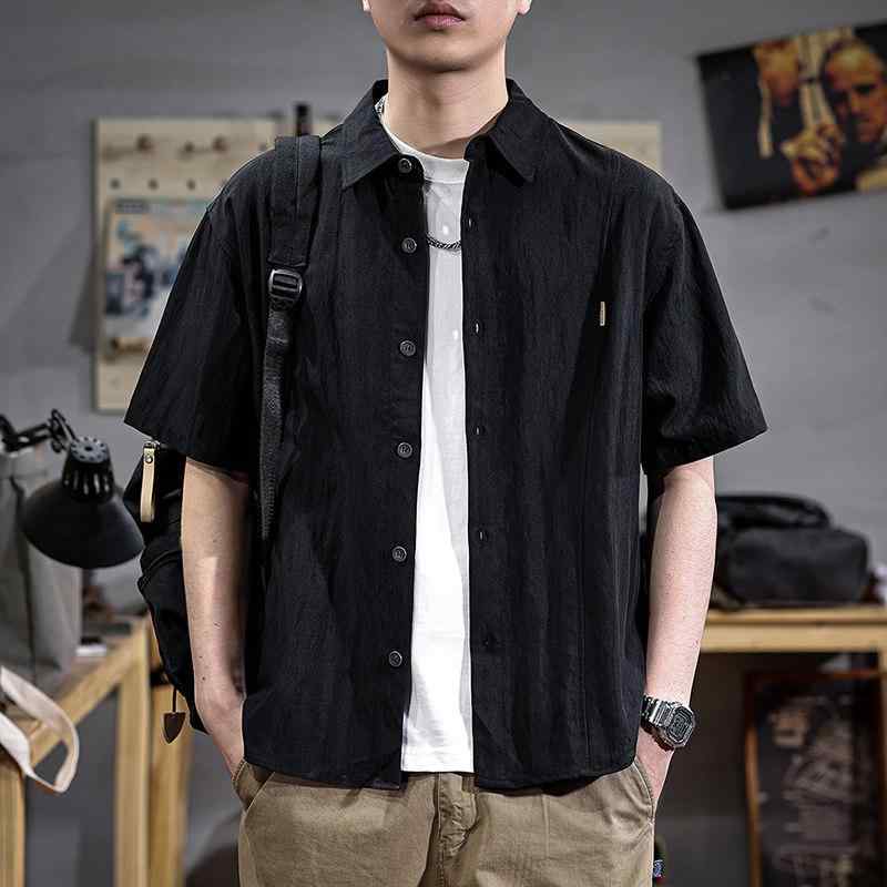 夏 ブラック 半袖 メンズ シャツ リヨセル 通気性 薄手 シャツ(4.0)