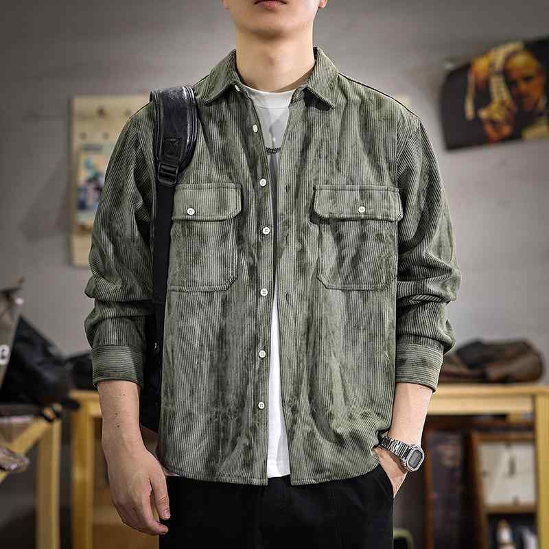 Casual Shirts - アメリカン レトロ プリント ウォッシュ加工 コーデュロイ 長袖 シャツ メンズ 春 ゆったり カジュアル シャツ ジャケット