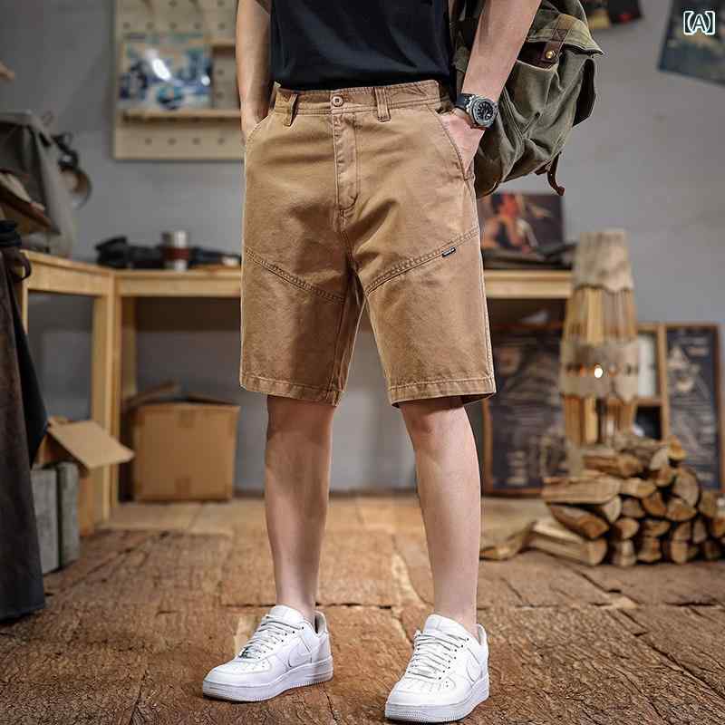 綿 メンズ ワーク パンツ 夏 スタイル ストレート レッグ ゆったり フィット ハーフ パンツ アメリカン レトロ カジュアル ミドル丈 パンツ