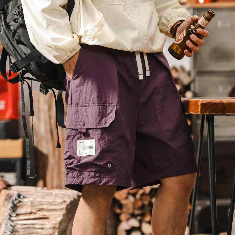 メンズ アウトドア 多機能 ワーク パンツ 薄手 冷感 速乾 ハーフ パンツ 大きいサイズ パープル ミドル丈 パンツ