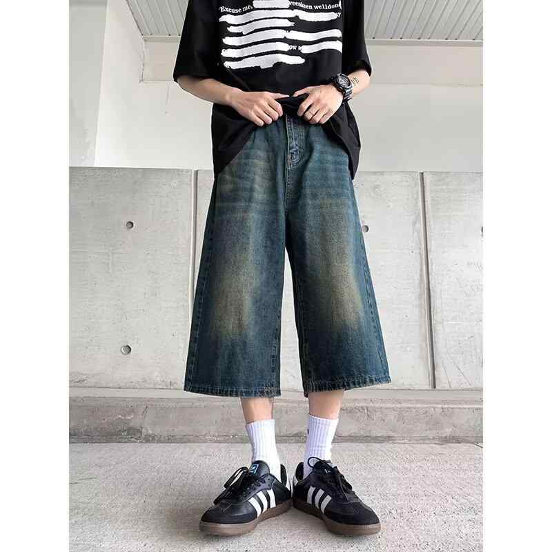 メンズ ファッション 服 男性用 オシャレ シンプル 大人 かっこいい 大きいサイズ ストリート 紳士服 デニム オーバー ザニー ズボン ウォッシュド レトロ ストレート スタイル オーバー サイズ 3 / 4 ワイド レッグ パンツ